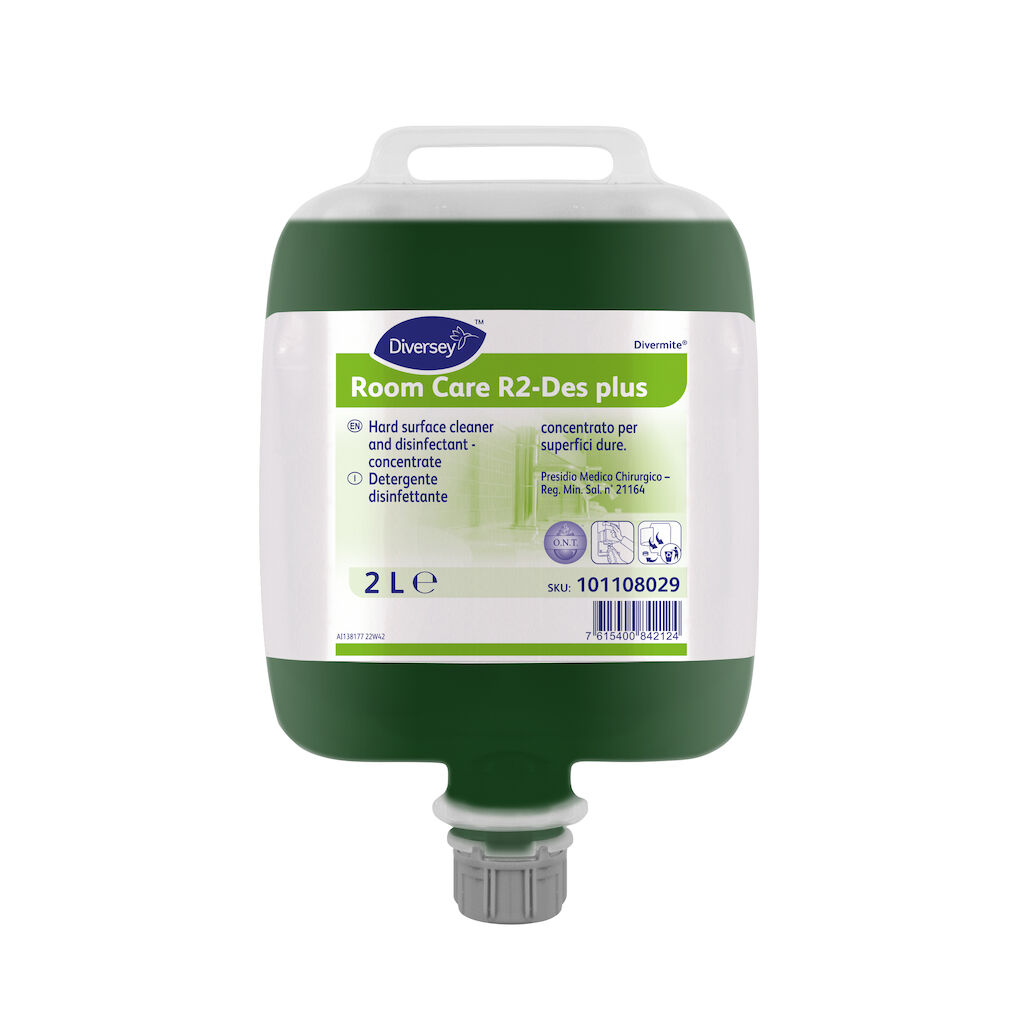 Room Care R2 - Des Plus 2x2L - Detergente disinfettante concentrato in cartucce Divermite. Presidio Medico Chirurgico Reg. Min. Sal. N. 21164